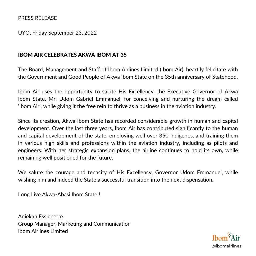 Ibom Air Akwa Ibom 35th Anniversary Press Release