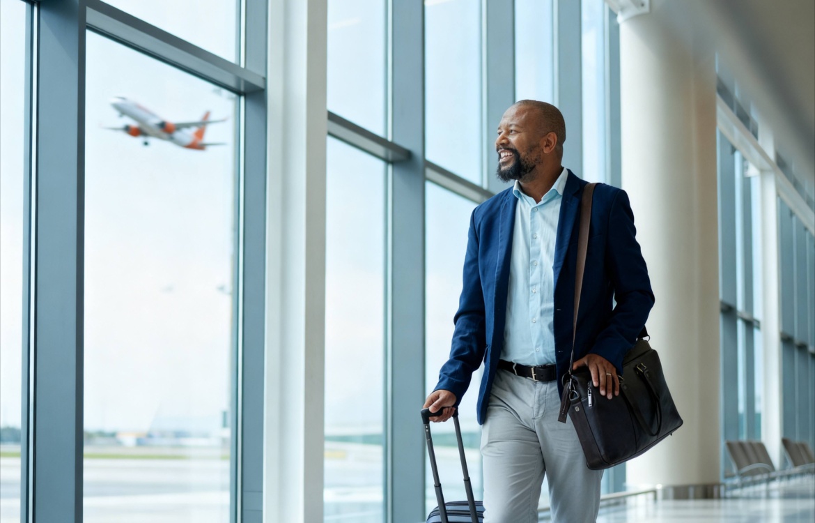 A man in a navy blazer walks through a bright airport terminal with a shoulder bag, while the Ibom Air A220-300 aircraft is visible outside the window.